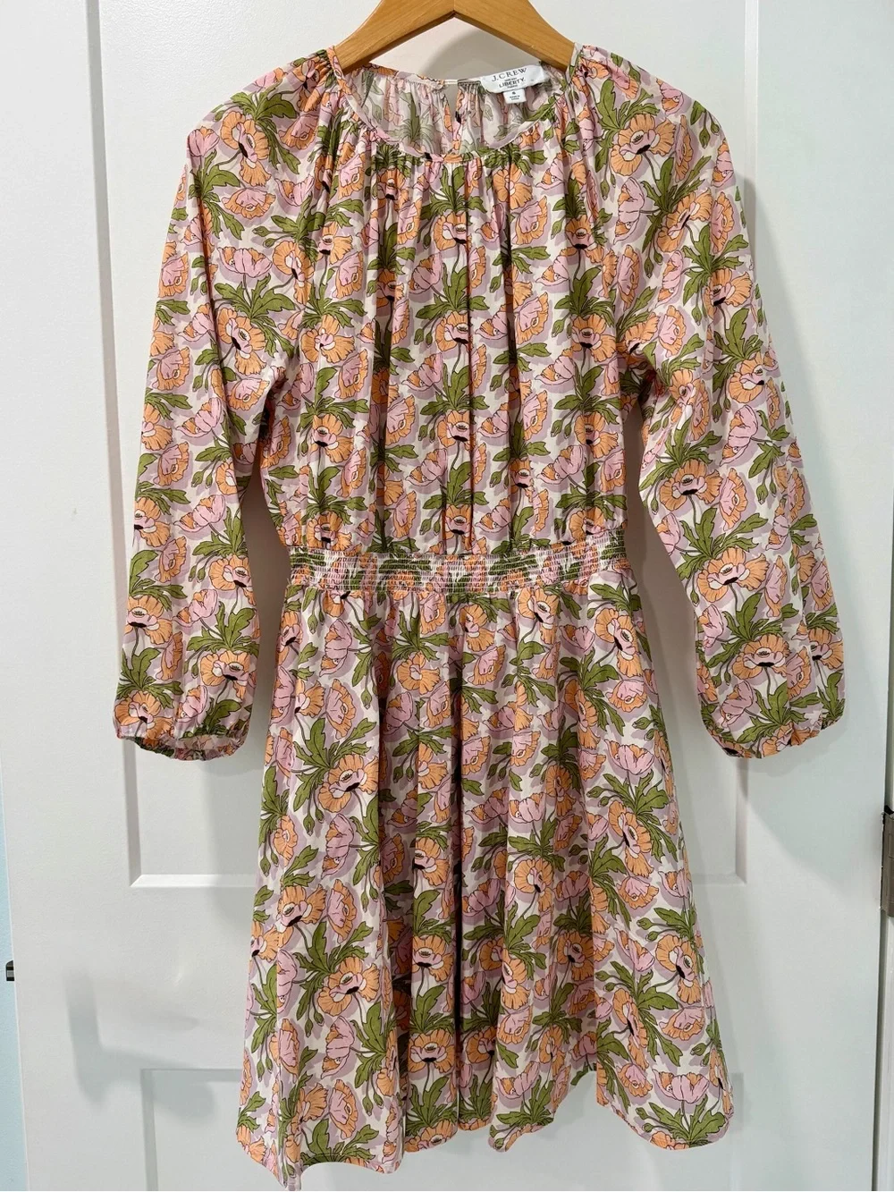J Crew Butterfield Poppy Pink Green Floral Mini Dress Pockets Smocked Waist (Sm)